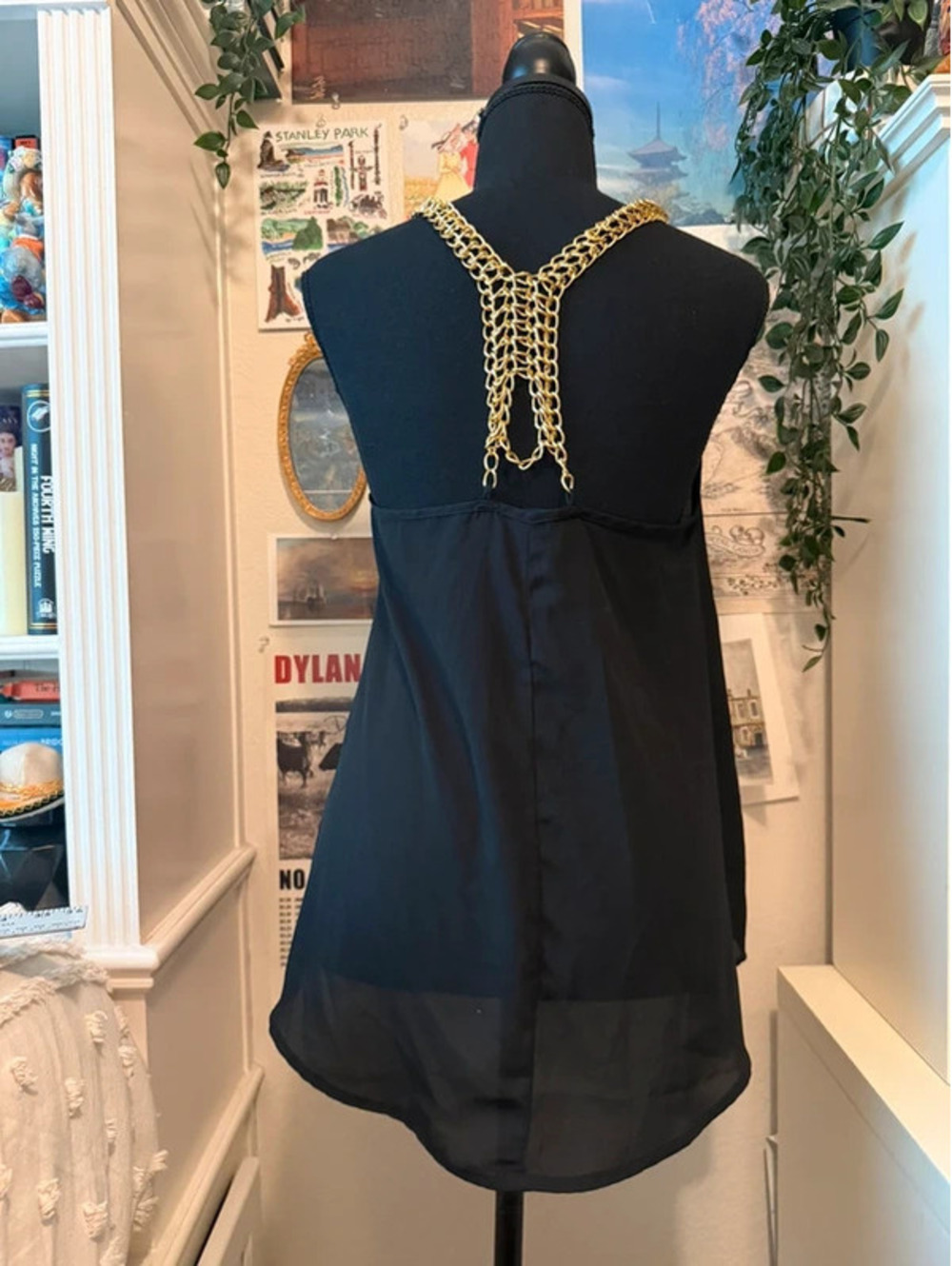 Black Gold Chain Strap High Low Chiffon Tank Top